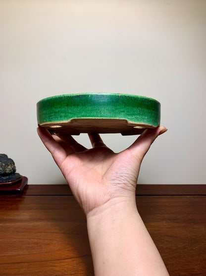 春松 Classic Green Glaze Kiln-Transmuted Oval Maple Pot