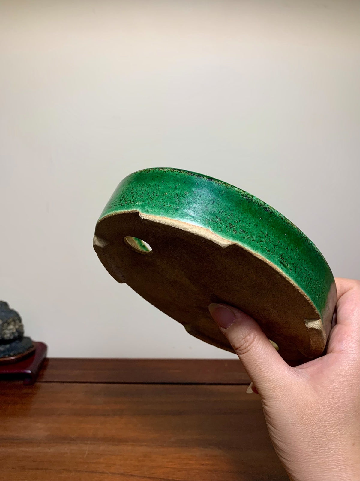 春松 Classic Green Glaze Kiln-Transmuted Oval Maple Pot