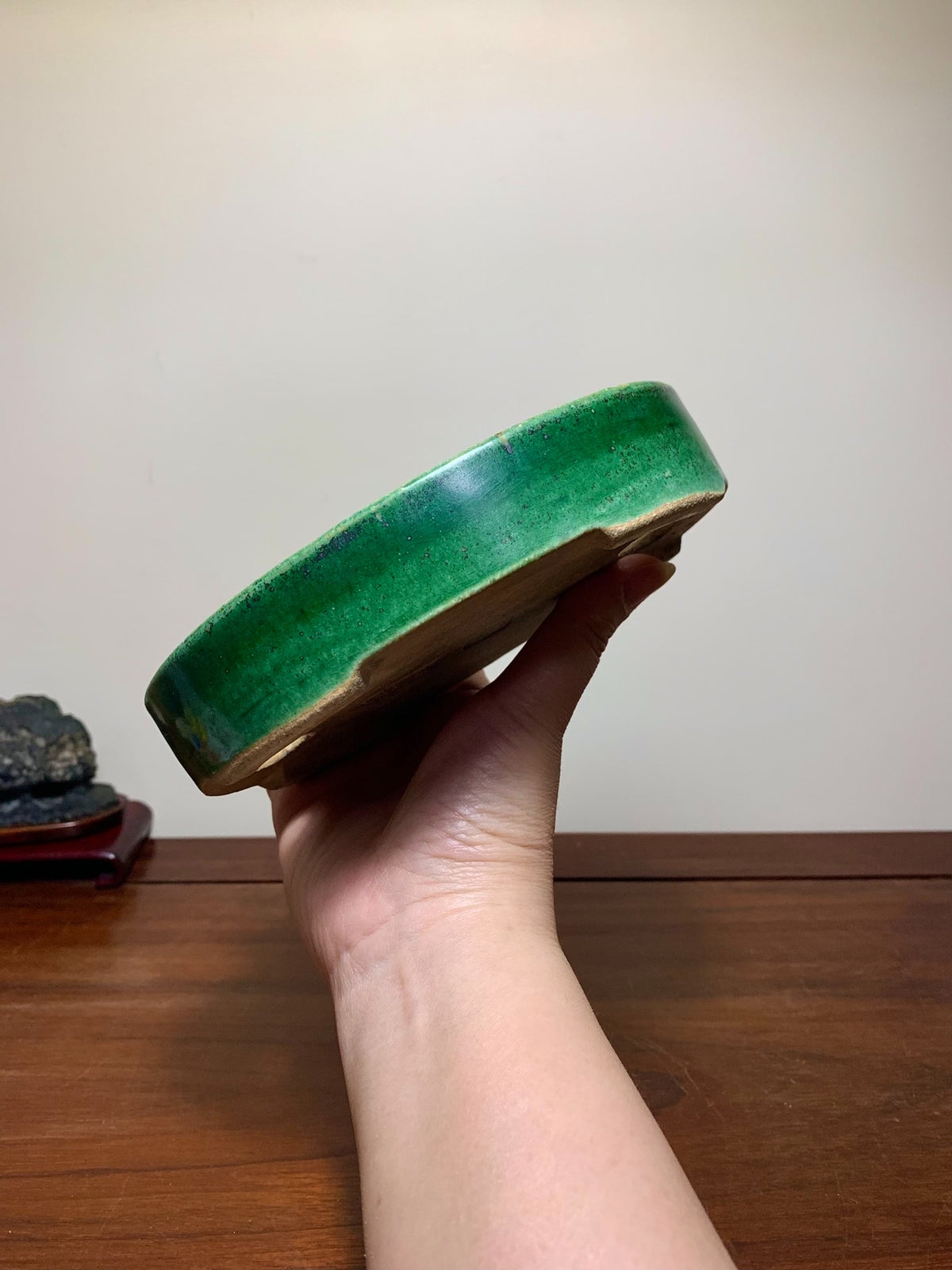 春松 Classic Green Glaze Kiln-Transmuted Oval Maple Pot