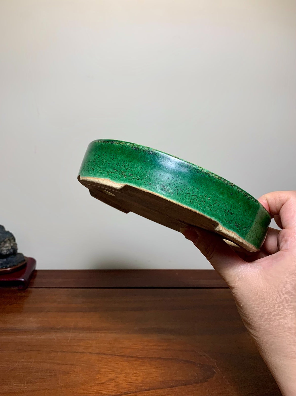 春松 Classic Green Glaze Kiln-Transmuted Oval Maple Pot