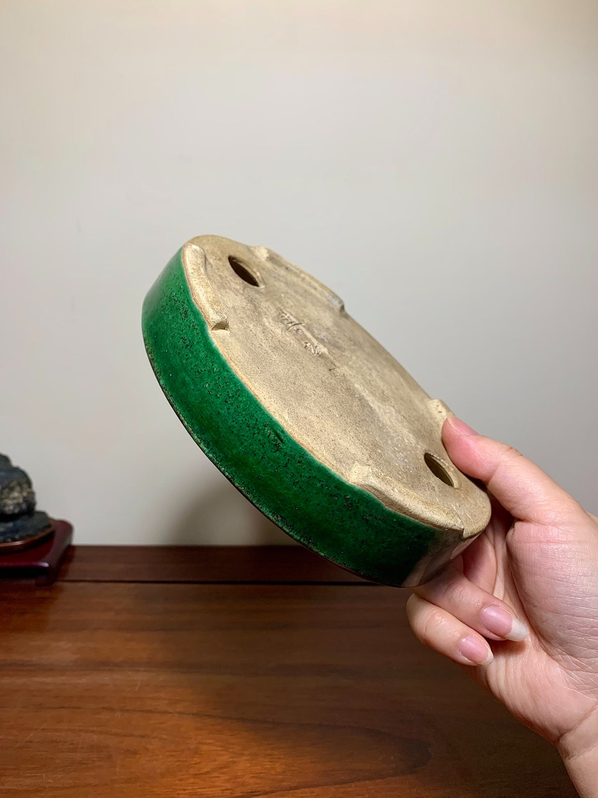 春松 Classic Green Glaze Kiln-Transmuted Oval Maple Pot