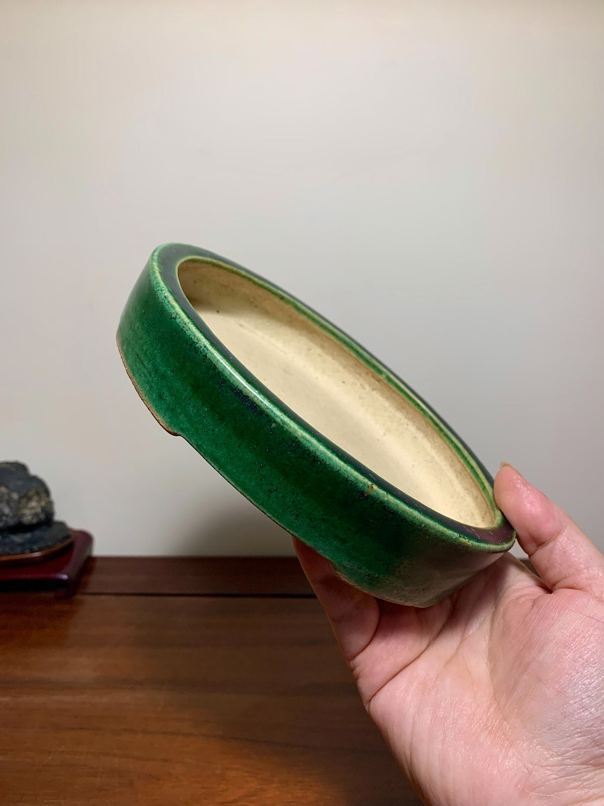 春松 Classic Green Glaze Kiln-Transmuted Oval Maple Pot