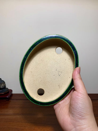 春松 Classic Green Glaze Kiln-Transmuted Oval Maple Pot