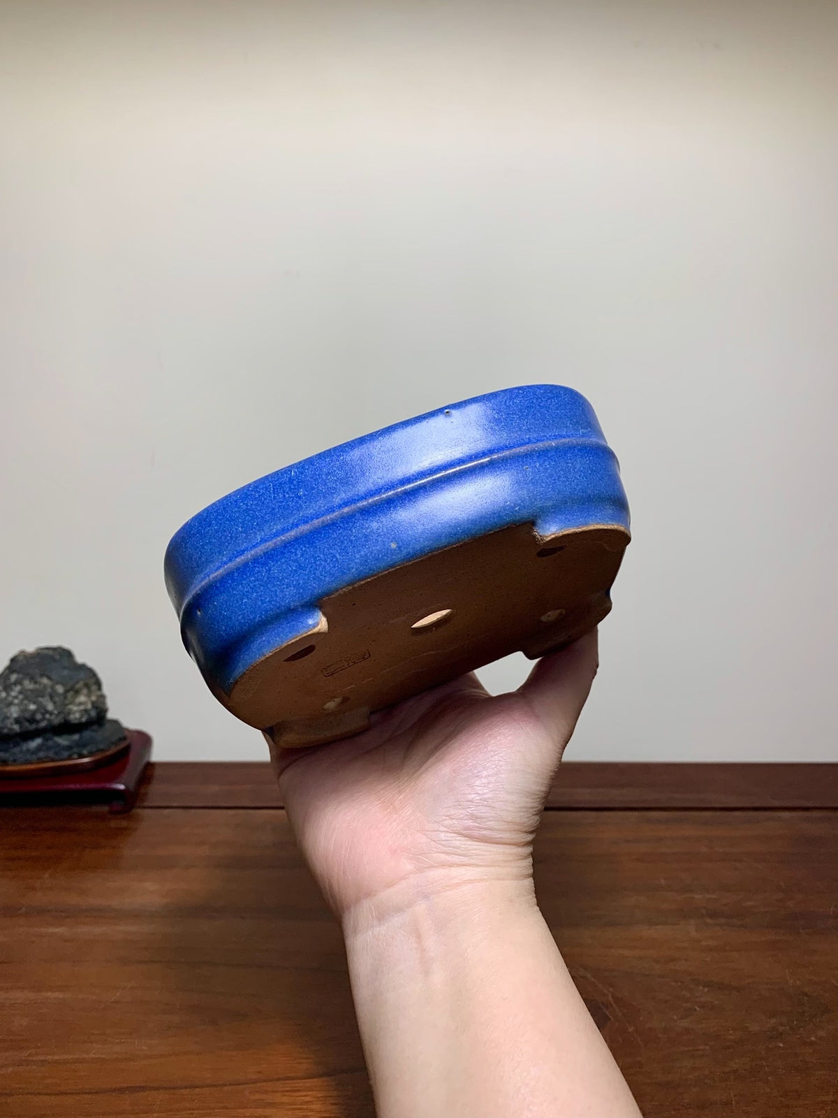 Blue Glaze Mid-Band Rectangular Maple Tree Pot by Riho