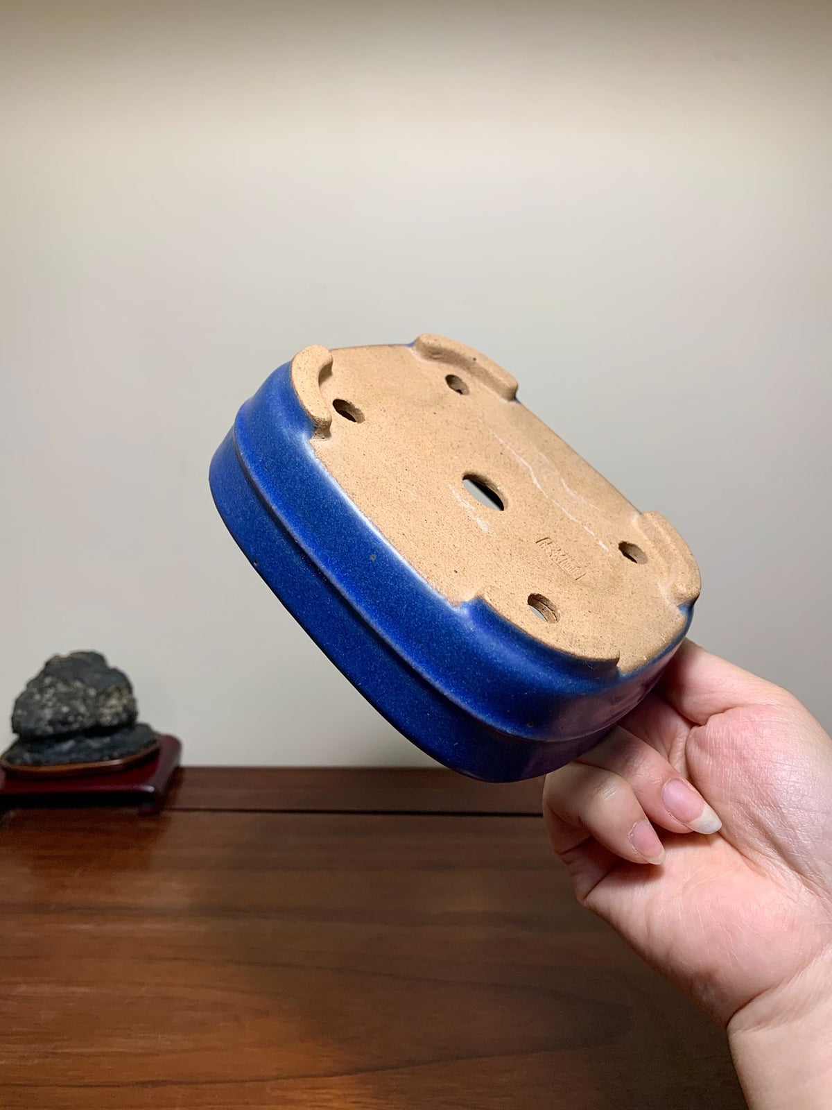 Blue Glaze Mid-Band Rectangular Maple Tree Pot by Riho