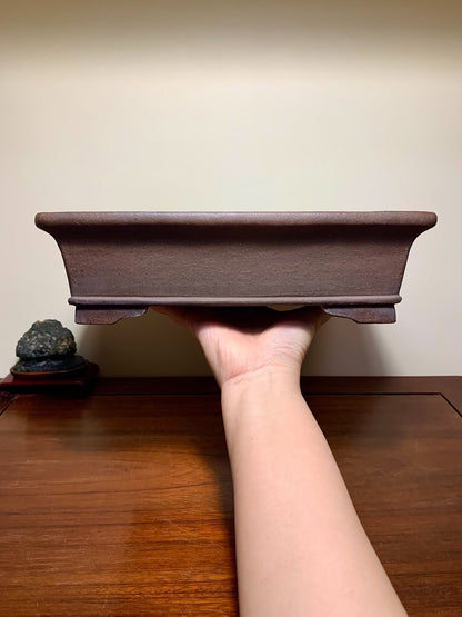 A hand holds a dark brown, rectangular, unglazed ceramic bonsai pot with a slightly curved rim.