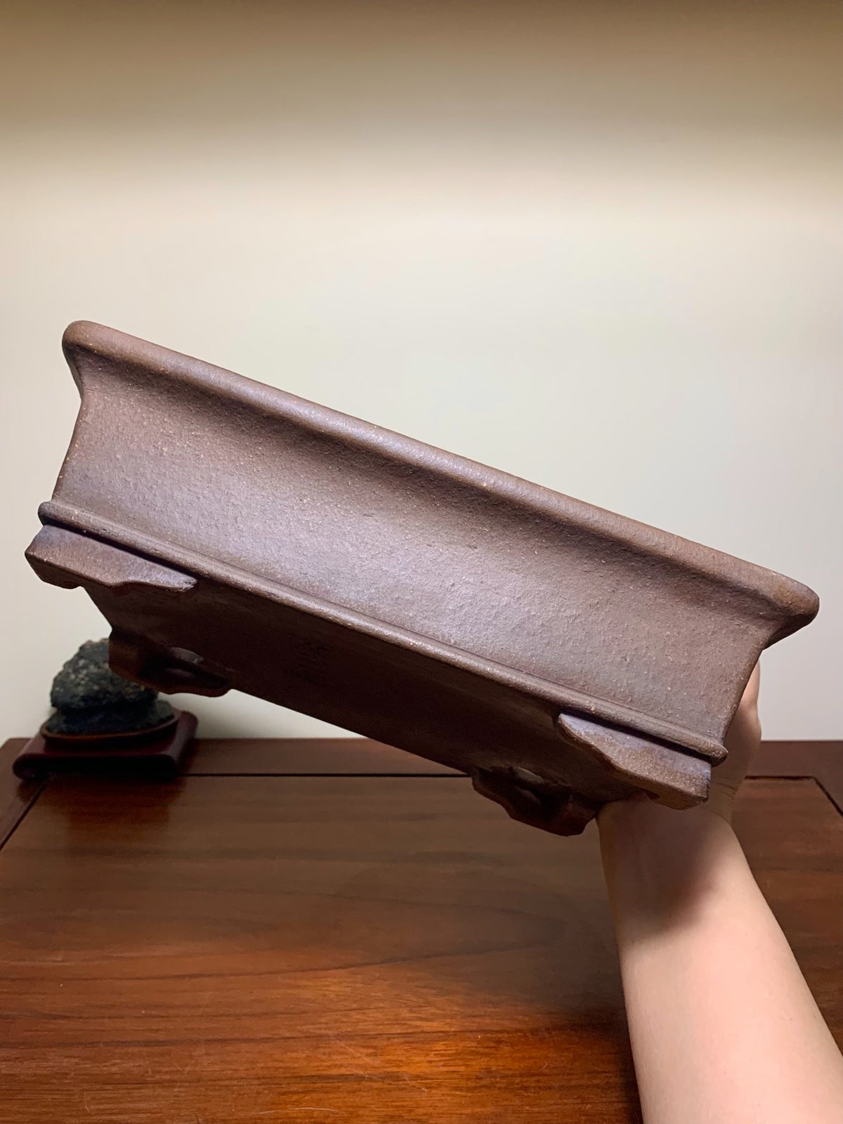 Purple Clay Rectangular Japanese Flower Pot with Outer Rim, Lower Band, and Cut Feet by Watanabe Masayama