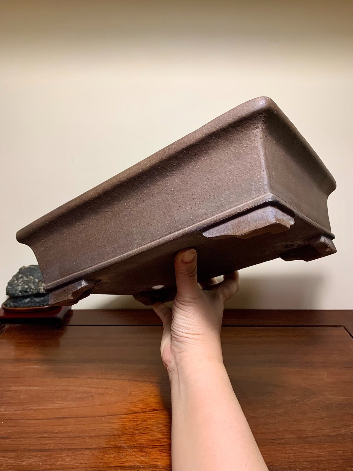 Purple Clay Rectangular Japanese Flower Pot with Outer Rim, Lower Band, and Cut Feet by Watanabe Masayama
