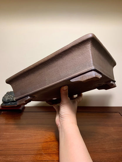 Purple Clay Rectangular Japanese Flower Pot with Outer Rim, Lower Band, and Cut Feet by Watanabe Masayama