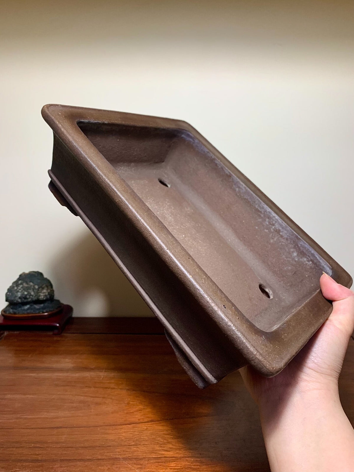 Purple Clay Rectangular Japanese Flower Pot with Outer Rim, Lower Band, and Cut Feet by Watanabe Masayama