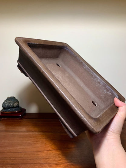 Purple Clay Rectangular Japanese Flower Pot with Outer Rim, Lower Band, and Cut Feet by Watanabe Masayama