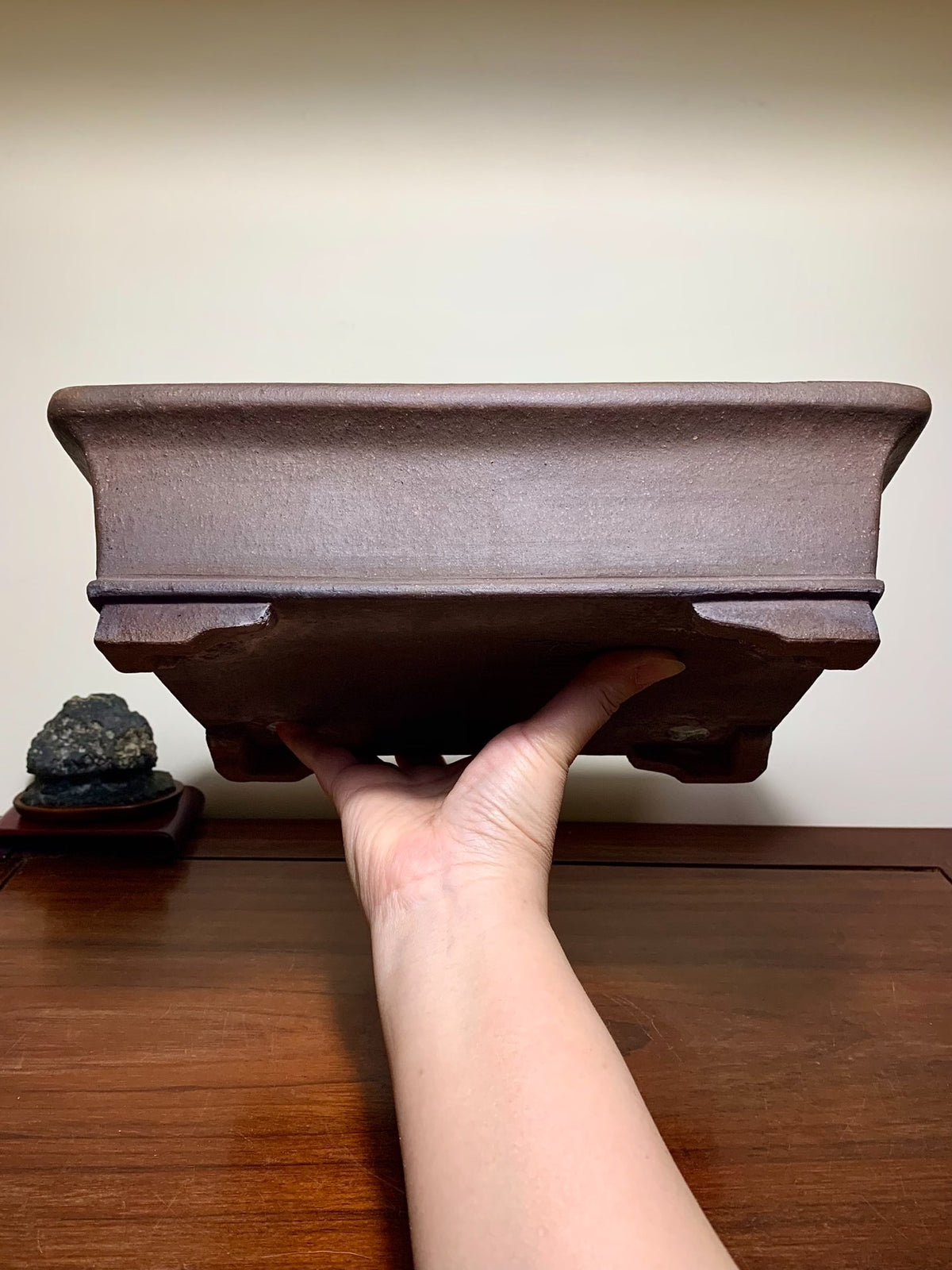Purple Clay Rectangular Japanese Flower Pot with Outer Rim, Lower Band, and Cut Feet by Watanabe Masayama