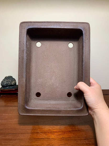 Purple Clay Rectangular Japanese Flower Pot with Outer Rim, Lower Band, and Cut Feet by Watanabe Masayama