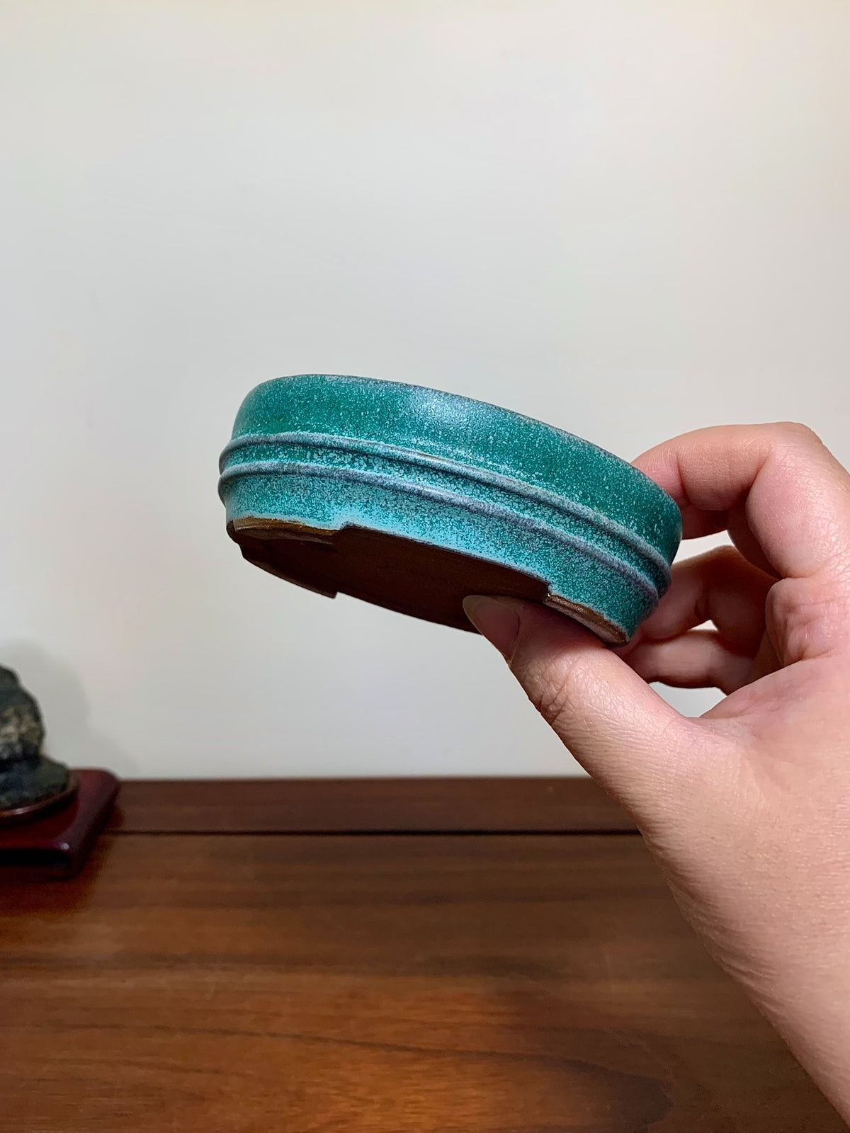 Oohashi Kōsei Classic Green Glaze Double-Band Oval Maple Pot