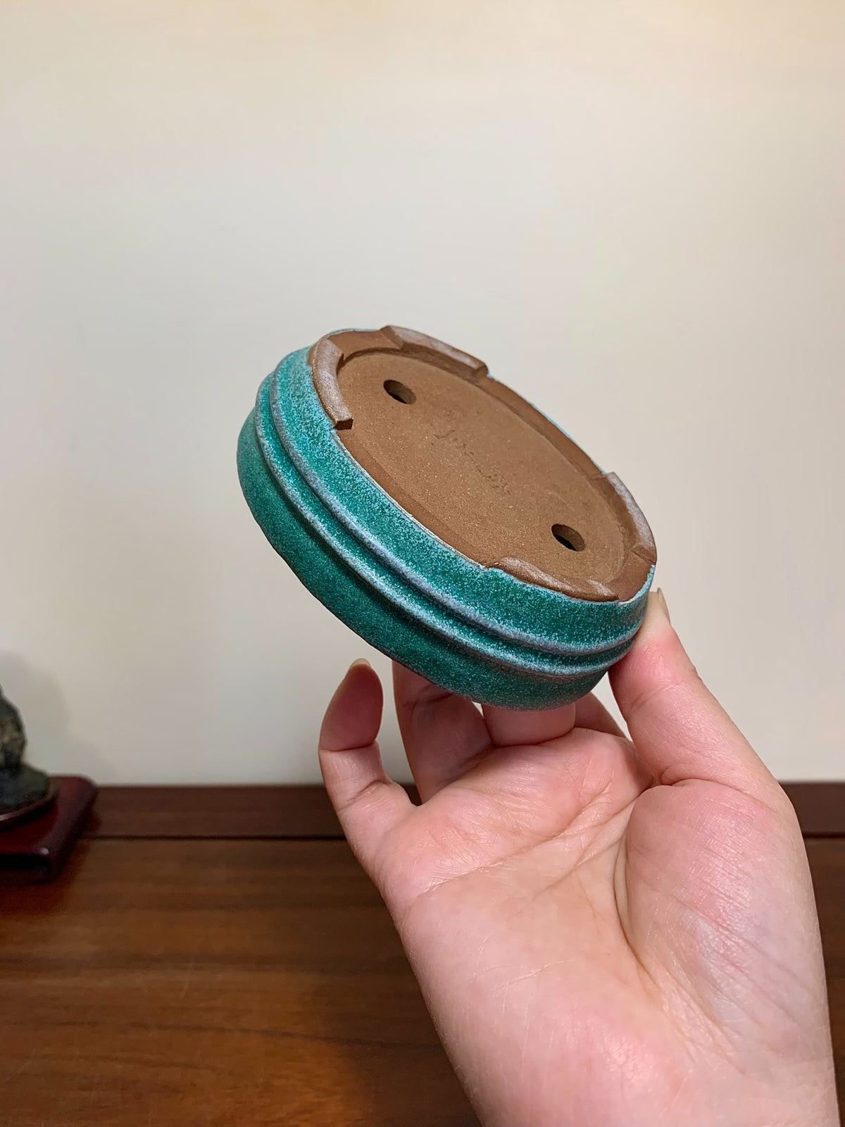 Oohashi Kōsei Classic Green Glaze Double-Band Oval Maple Pot