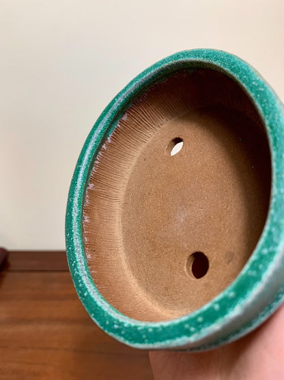 Oohashi Kōsei Classic Green Glaze Double-Band Oval Maple Pot