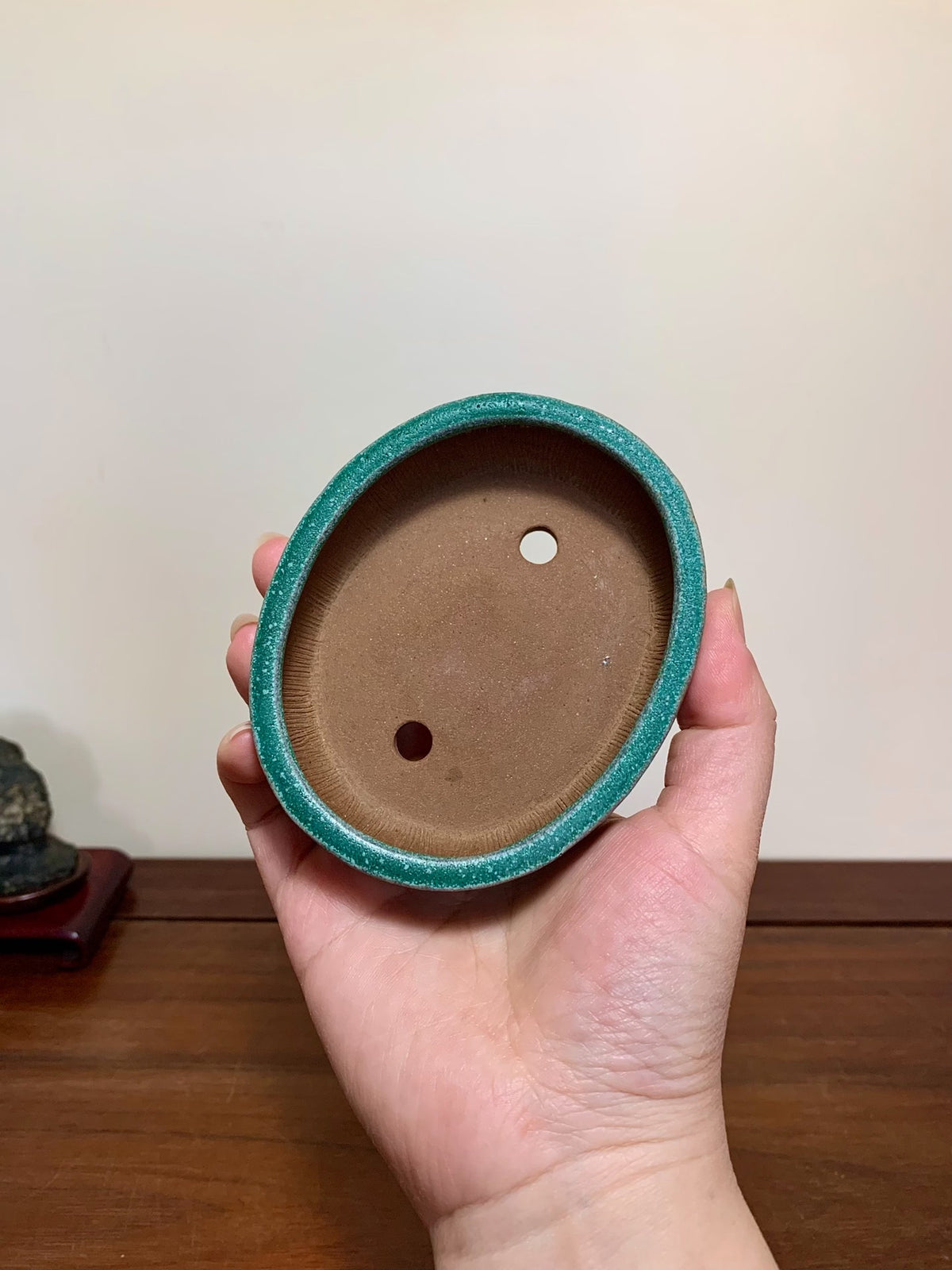 Oohashi Kōsei Classic Green Glaze Double-Band Oval Maple Pot