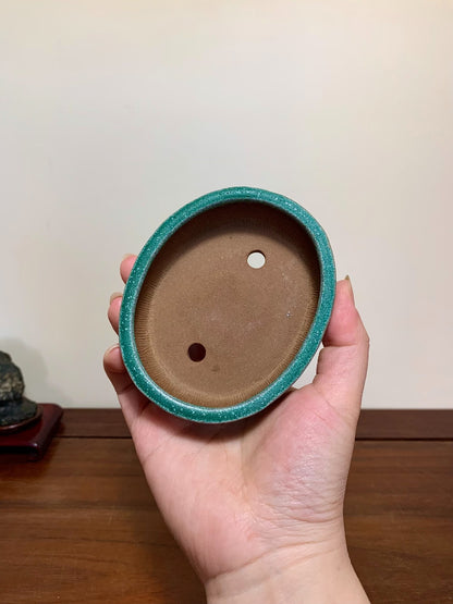 Oohashi Kōsei Classic Green Glaze Double-Band Oval Maple Pot
