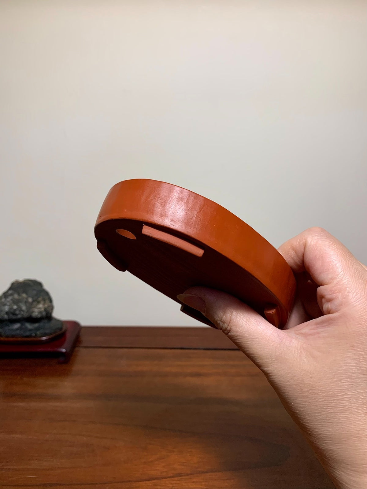Hand-Pinched Shudei Red Clay, Cut-Footed Oval Japanese Bonsai Pot by Takahashi Yukiji