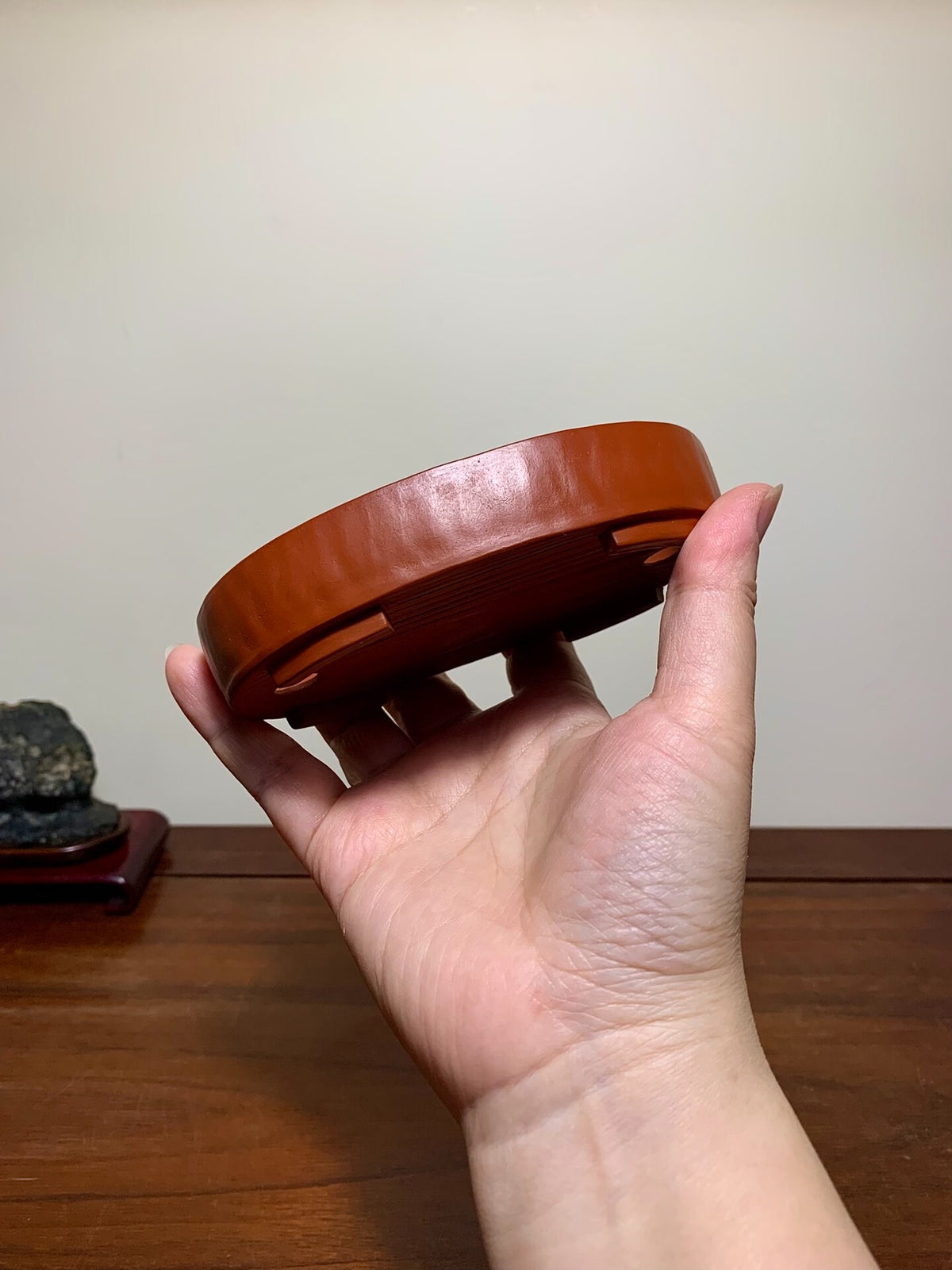Hand-Pinched Shudei Red Clay, Cut-Footed Oval Japanese Bonsai Pot by Takahashi Yukiji