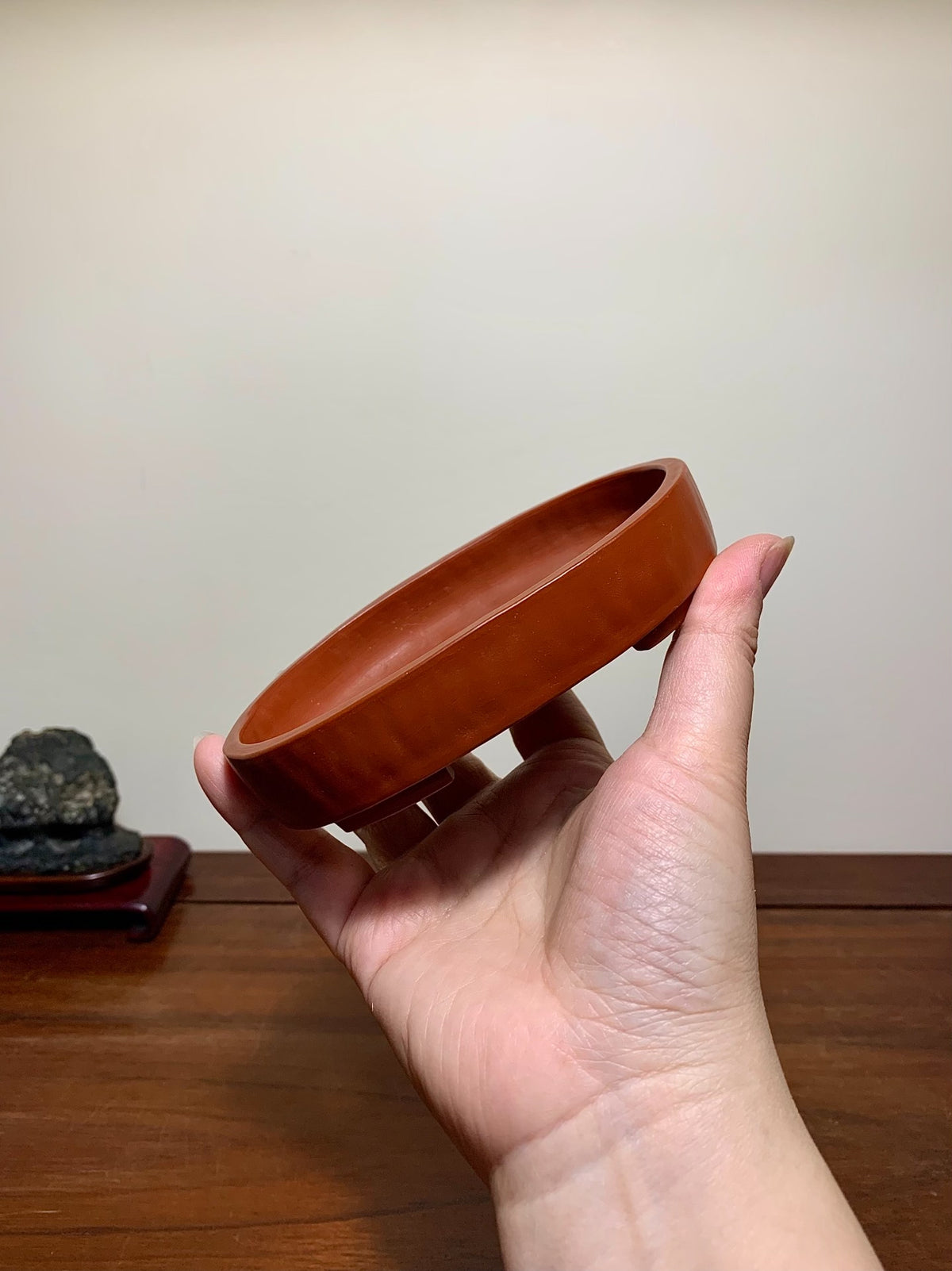 Hand-Pinched Shudei Red Clay, Cut-Footed Oval Japanese Bonsai Pot by Takahashi Yukiji