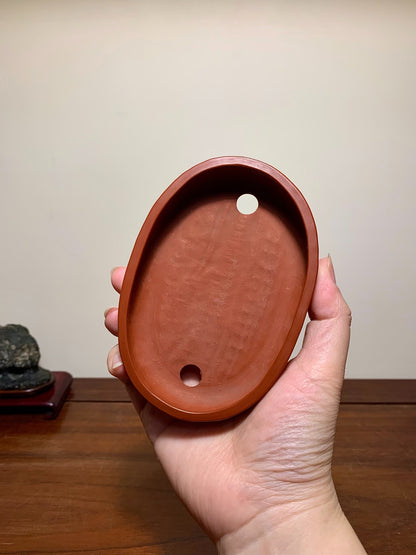 Hand-Pinched Shudei Red Clay, Cut-Footed Oval Japanese Bonsai Pot by Takahashi Yukiji