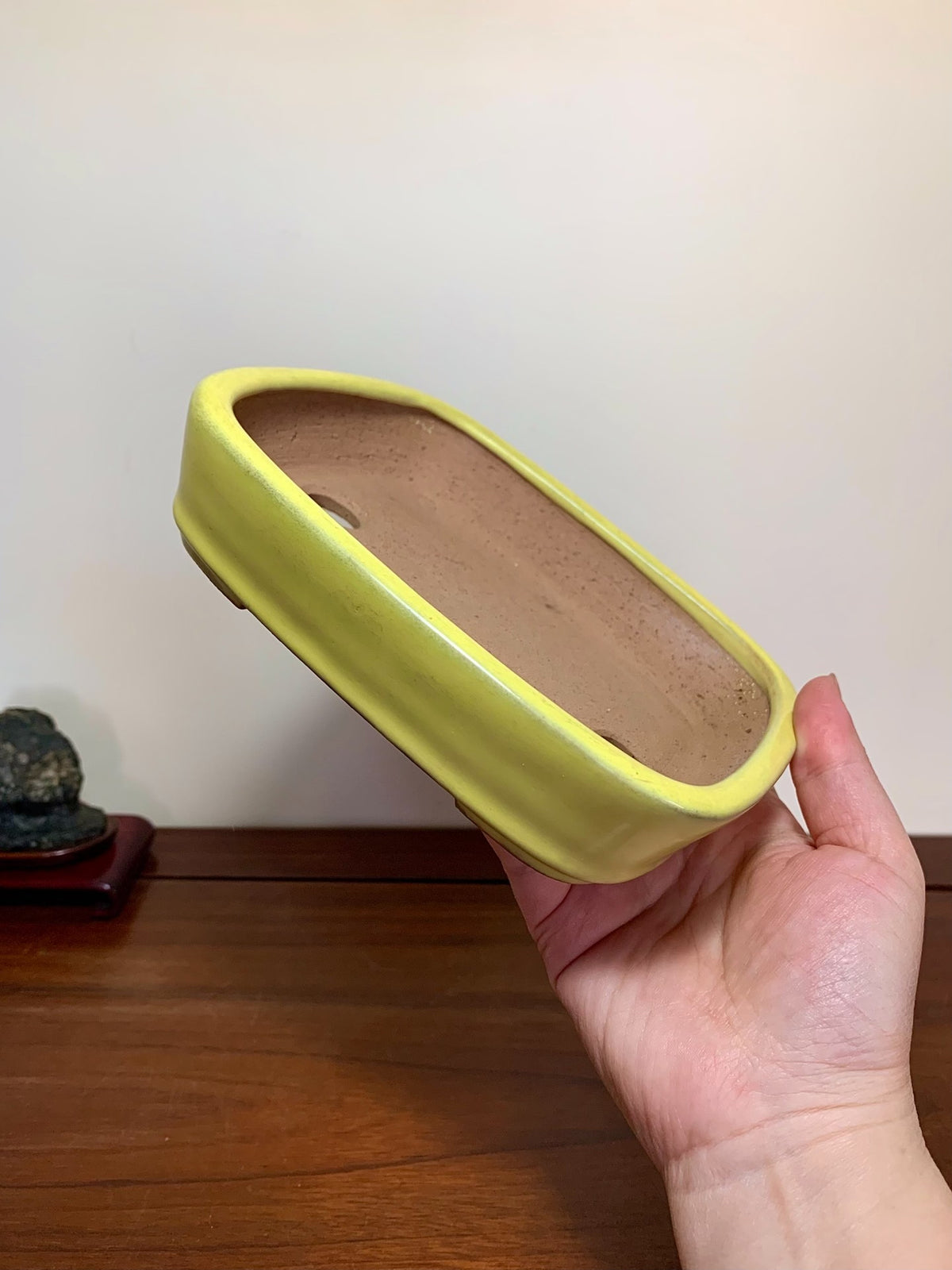Yellow-Glazed Lower-Band Rectangular Maple Tree Pot by Yamafusa