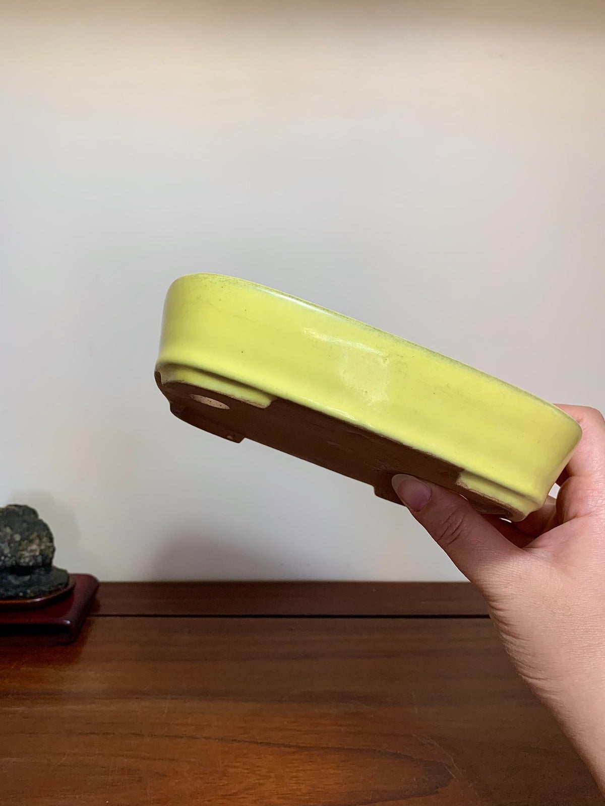 Yellow-Glazed Lower-Band Rectangular Maple Tree Pot by Yamafusa