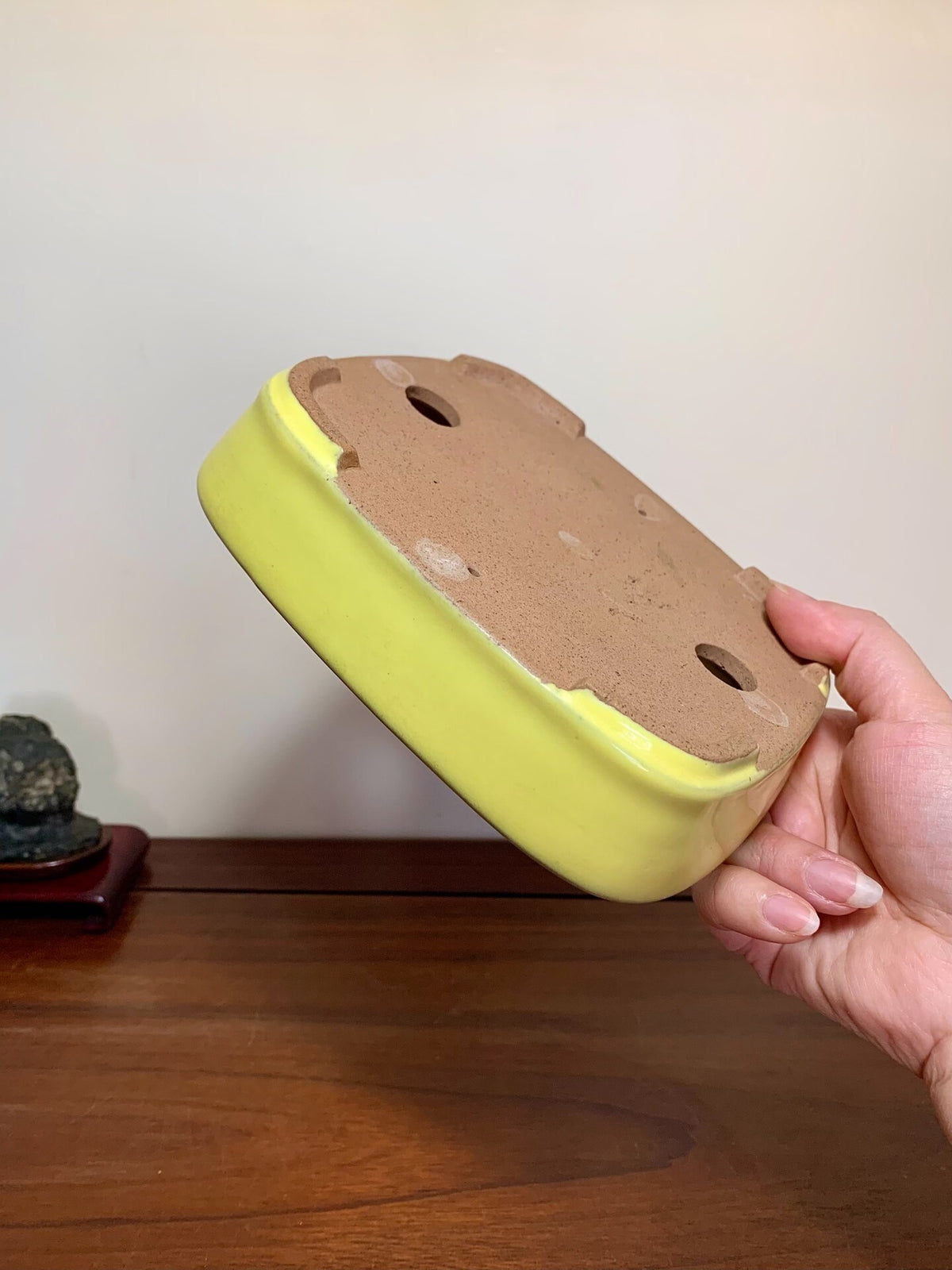 Yellow-Glazed Lower-Band Rectangular Maple Tree Pot by Yamafusa