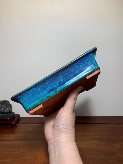 Kiln-Transmuted Rectangular Pot with Cut Feet and Outer Rim, Maple Tree Pot by Sugura Keisen