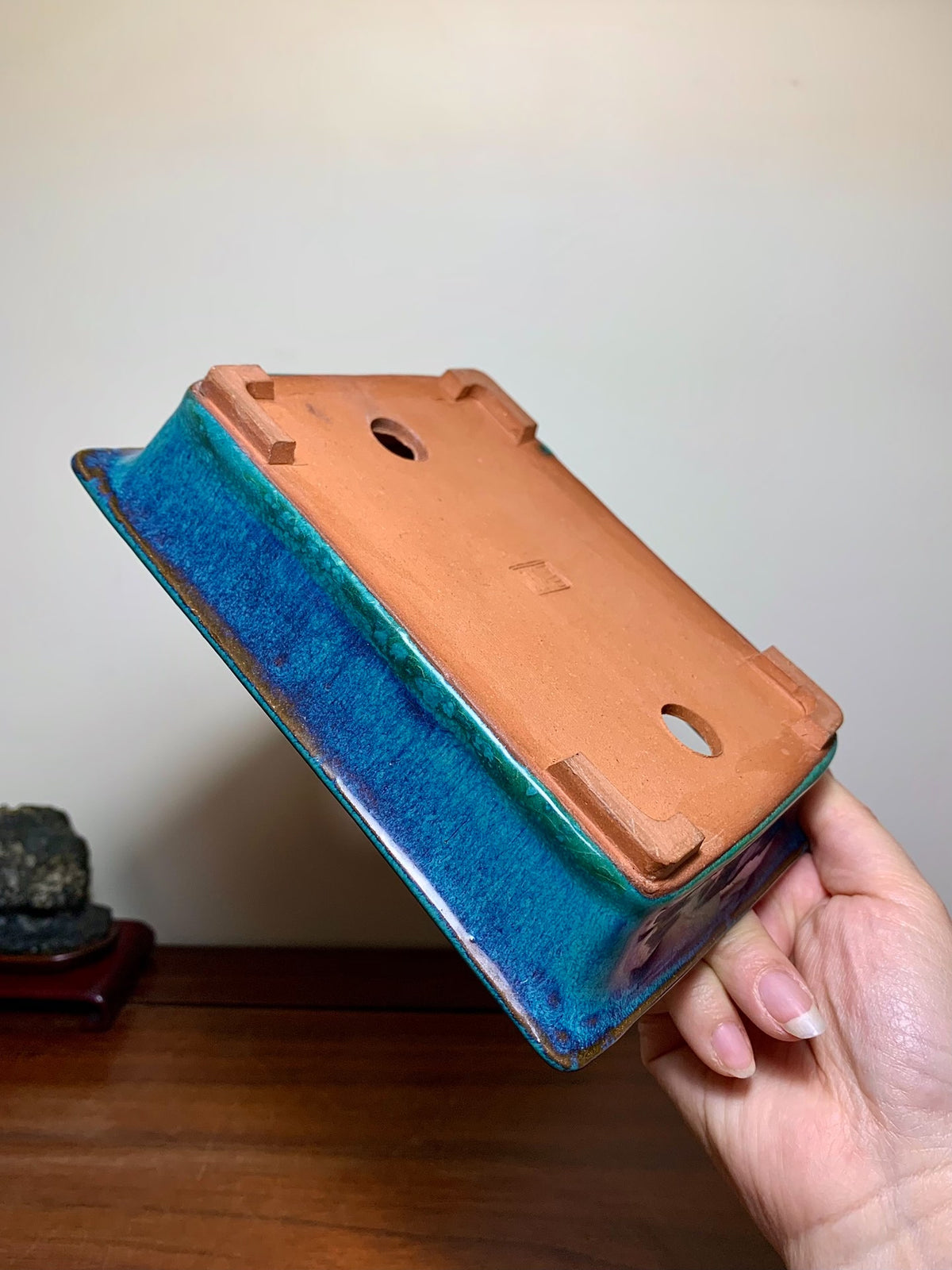 Kiln-Transmuted Rectangular Pot with Cut Feet and Outer Rim, Maple Tree Pot by Sugura Keisen