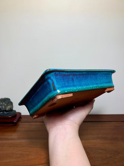 Kiln-Transmuted Rectangular Pot with Cut Feet and Outer Rim, Maple Tree Pot by Sugura Keisen