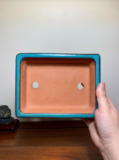 Kiln-Transmuted Rectangular Pot with Cut Feet and Outer Rim, Maple Tree Pot by Sugura Keisen