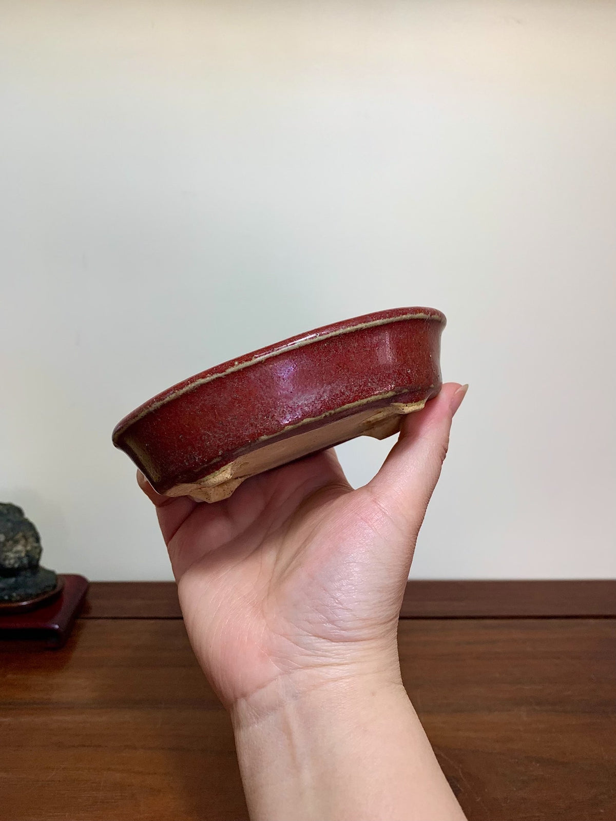 Shinsha Copper-Red Glaze Oval Maple Tree Pot by Yūji