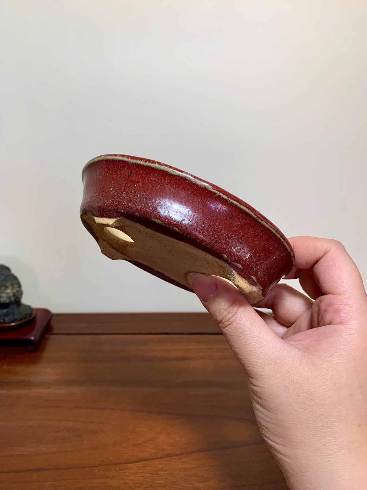 Shinsha Copper-Red Glaze Oval Maple Tree Pot by Yūji