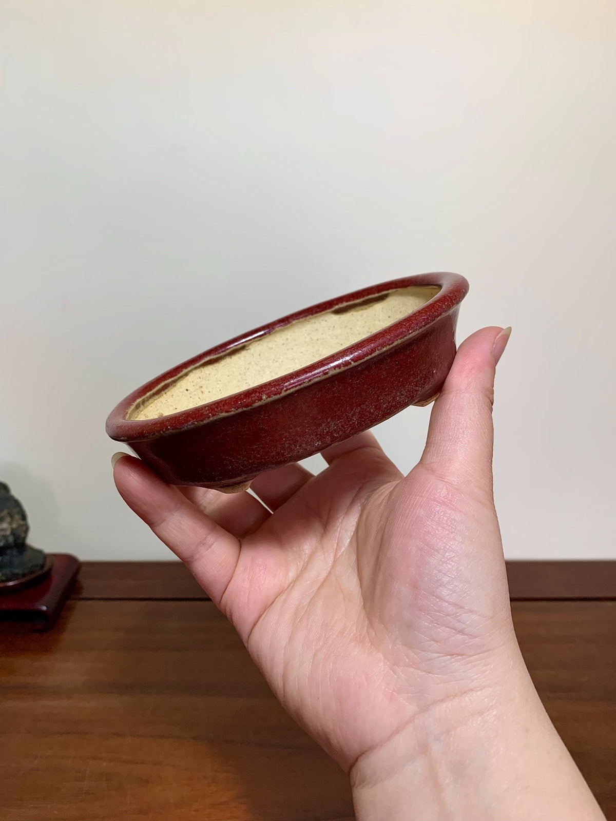 Shinsha Copper-Red Glaze Oval Maple Tree Pot by Yūji