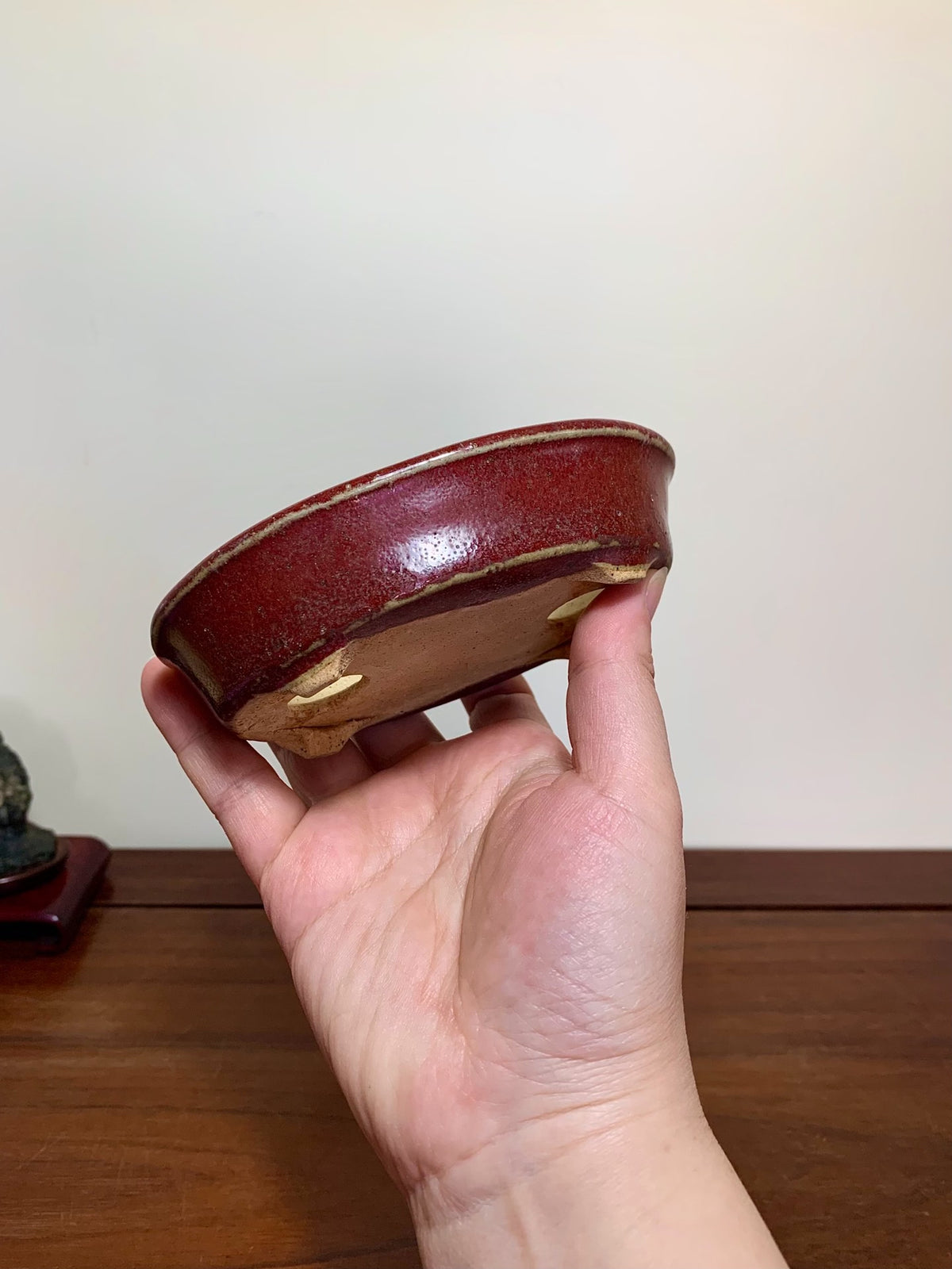 Shinsha Copper-Red Glaze Oval Maple Tree Pot by Yūji