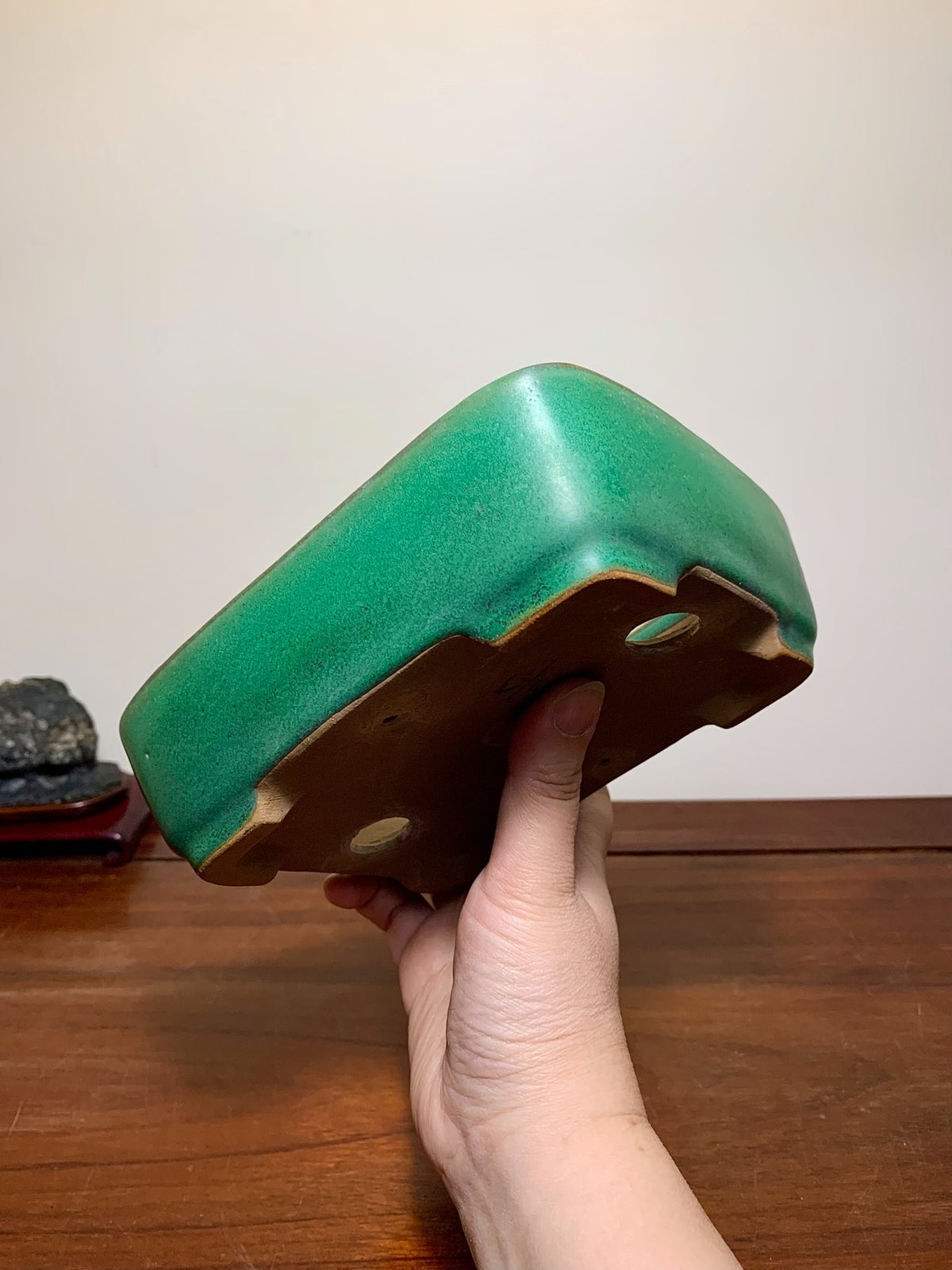 Green-Glazed Rectangular Maple Tree Pot by Yamafusa