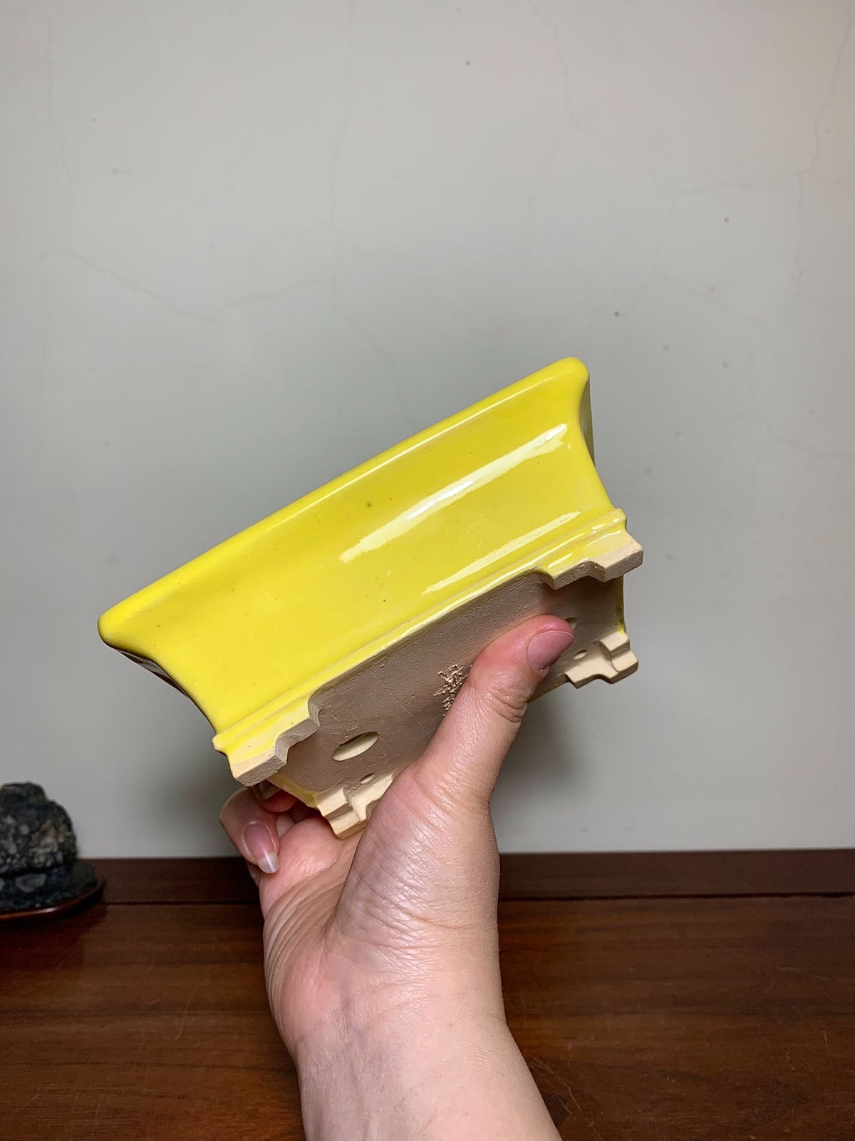 Fukuda Katsunori Yellow Glaze Outer Rim Lower Band Section-Foot Rectangular Japanese Flower Pot