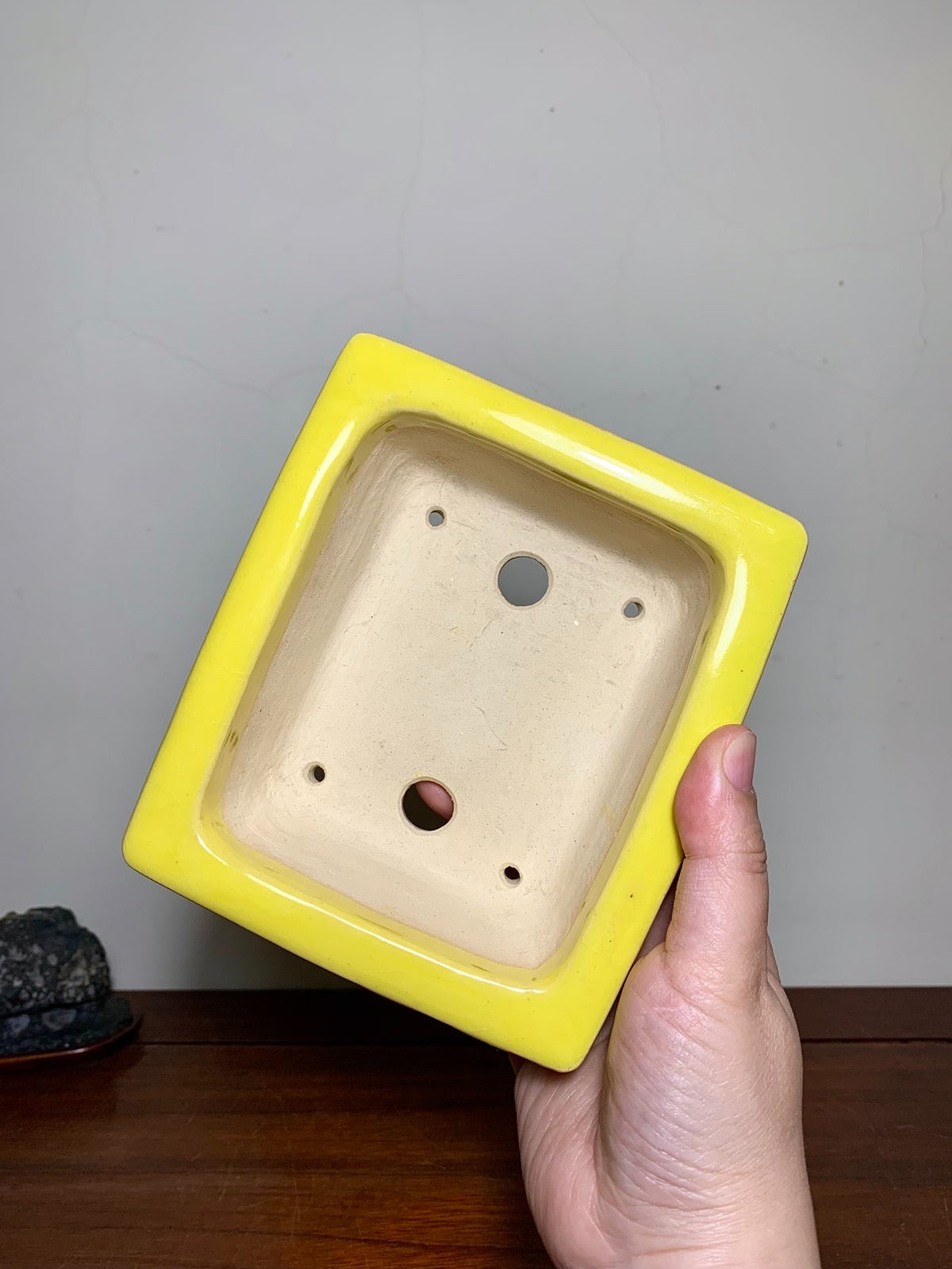 Fukuda Katsunori Yellow Glaze Outer Rim Lower Band Section-Foot Rectangular Japanese Flower Pot