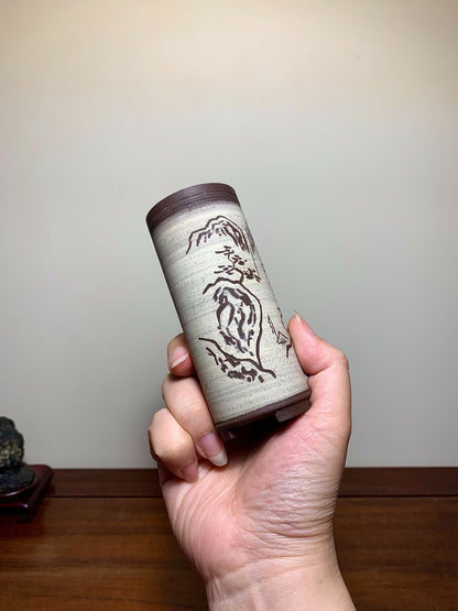 Nidzhu, Incised, Cut-Foot, Cylindrical, Japanese Flower Pot