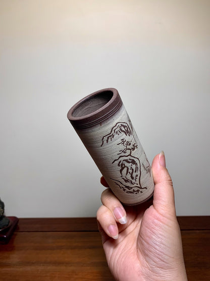 Nidzhu, Incised, Cut-Foot, Cylindrical, Japanese Flower Pot