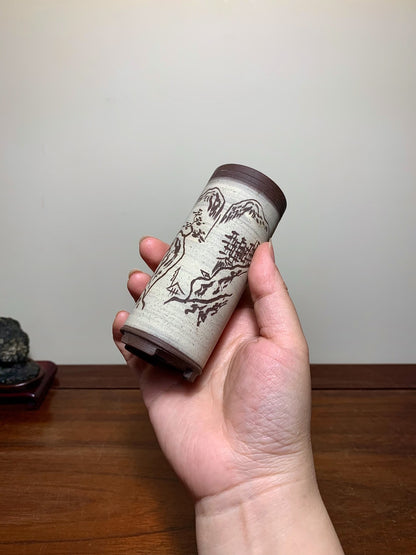 Nidzhu, Incised, Cut-Foot, Cylindrical, Japanese Flower Pot