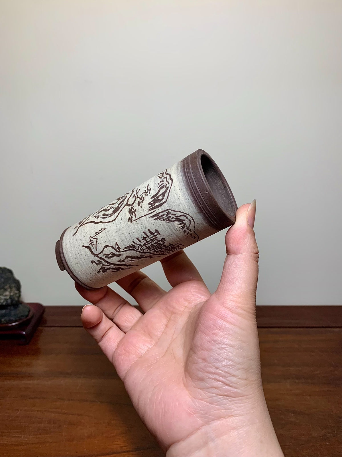Nidzhu, Incised, Cut-Foot, Cylindrical, Japanese Flower Pot