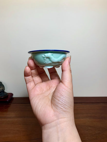 Blue-Green Glazed Relief-Carved Dragon Pattern Round Pot by Jissen