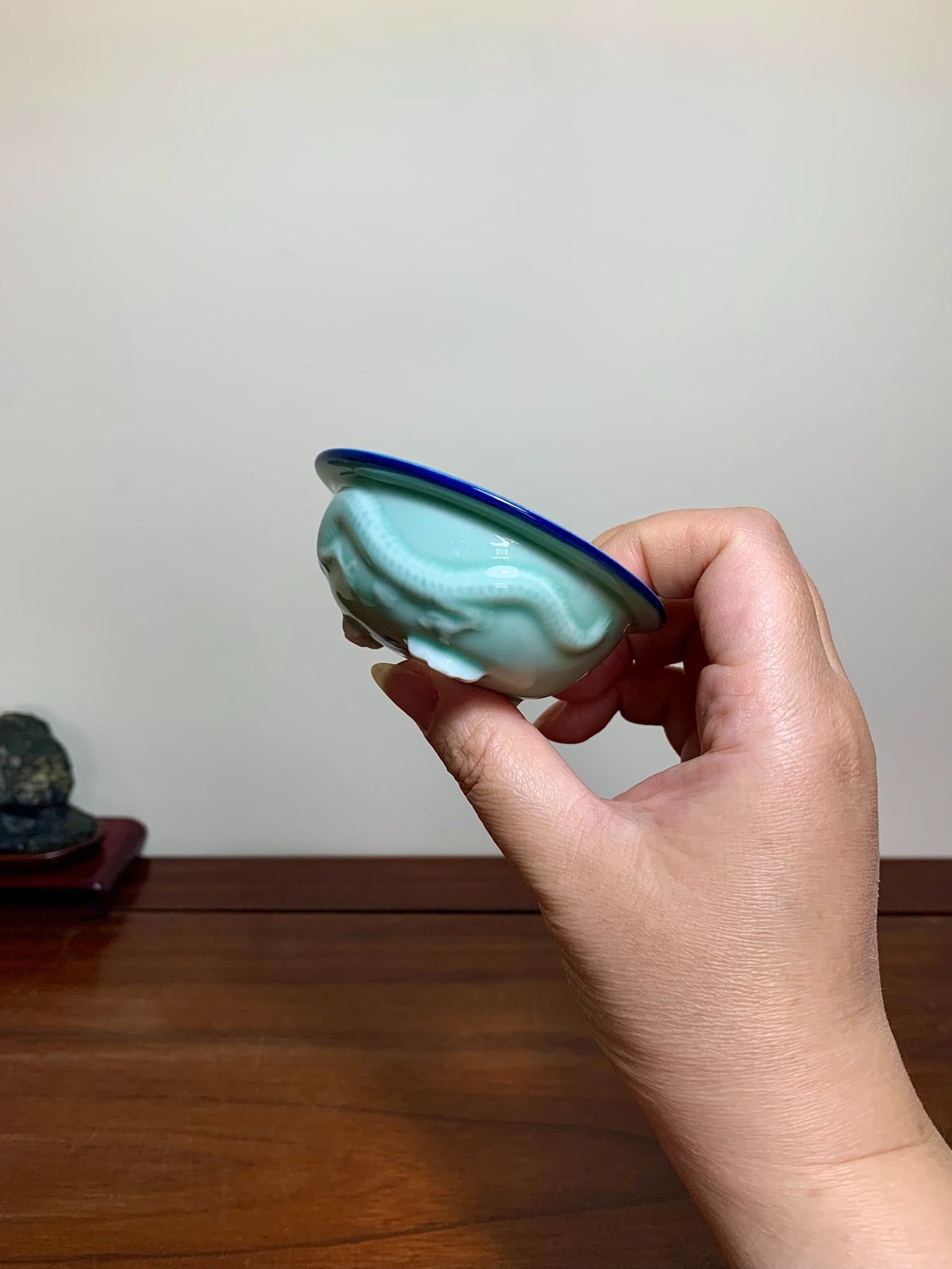 Blue-Green Glazed Relief-Carved Dragon Pattern Round Pot by Jissen