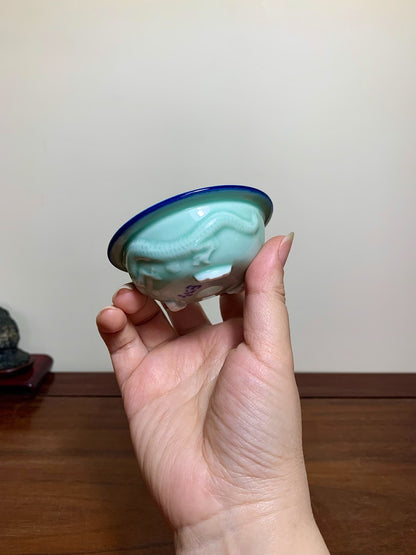 Blue-Green Glazed Relief-Carved Dragon Pattern Round Pot by Jissen