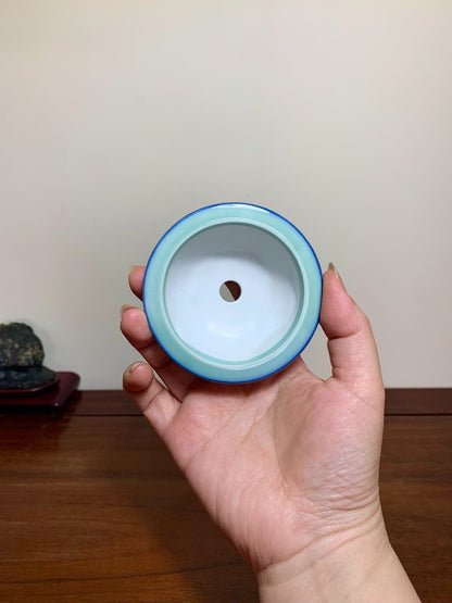 Blue-Green Glazed Relief-Carved Dragon Pattern Round Pot by Jissen