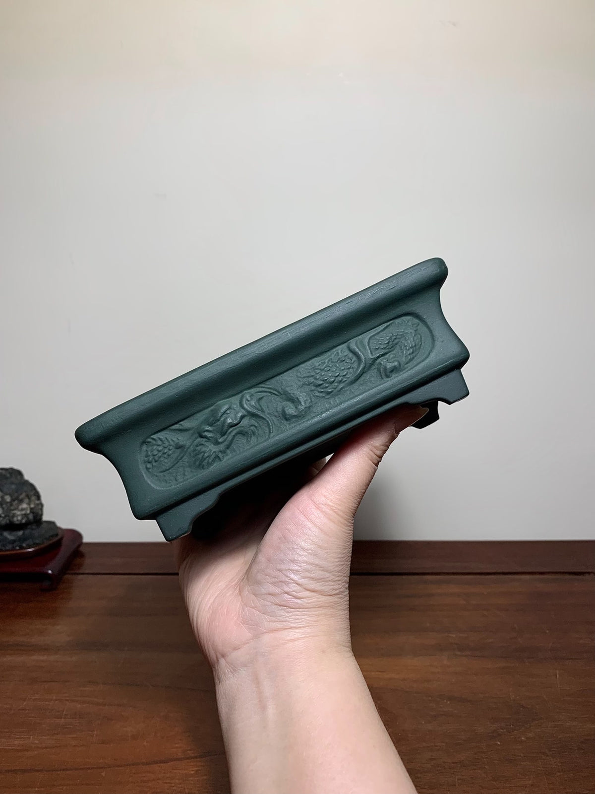 Yamano-Ki Ume-Ho Relief-Carved with Painted Panels, Double Dragons, Rectangular Japanese Bonsai Pot