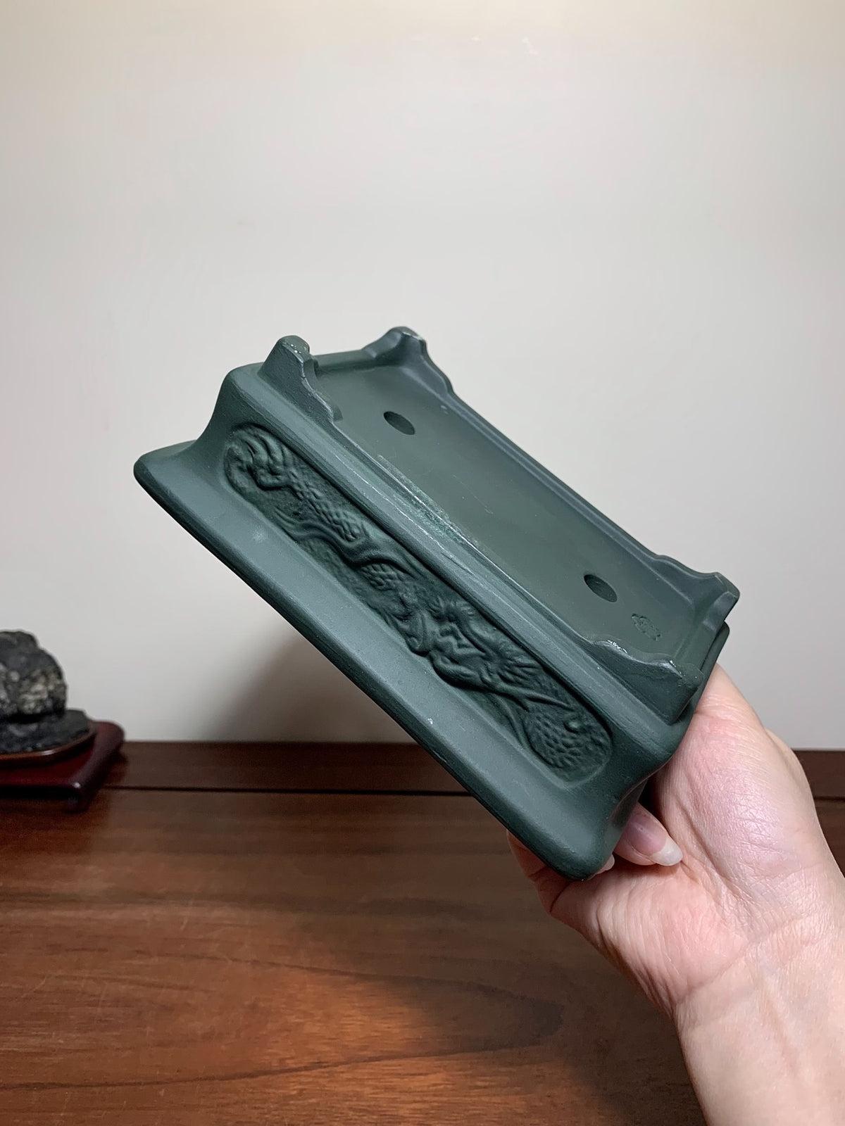 Yamano-Ki Ume-Ho Relief-Carved with Painted Panels, Double Dragons, Rectangular Japanese Bonsai Pot